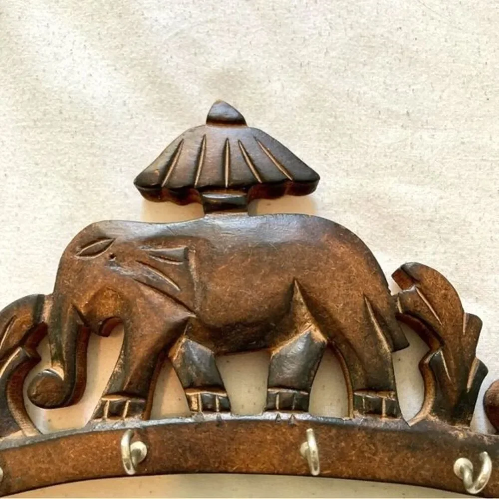 Key Rack Holder HANDMADE Folk Art Carved Wood Elephant 8 x 4.5 x 0.5 inches